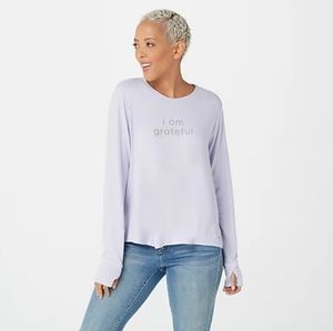 Peace Love World affirmation top Whisper Lilac